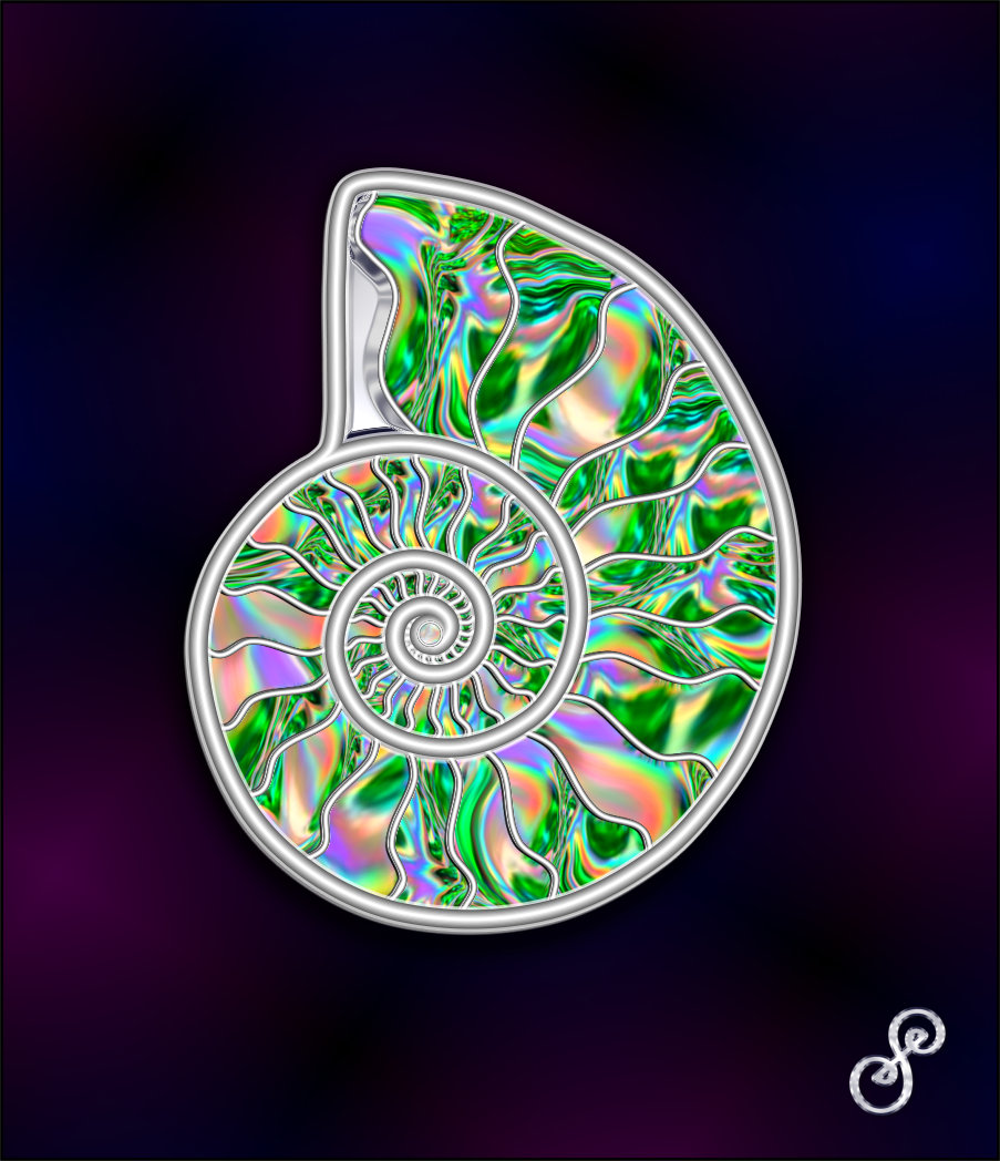 Ammonite digital art silver and holographic