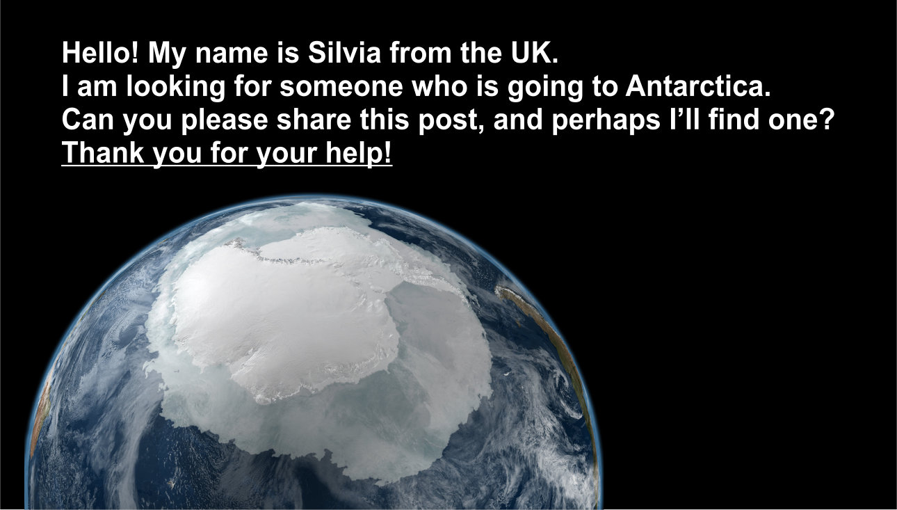 Facebook post asking for people to share to find someone who is going to Antarctica