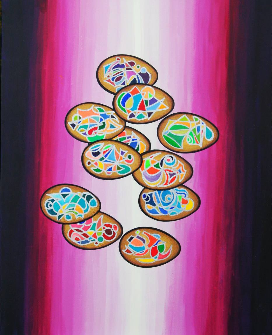 11 mysterious flying eggs symbol hybrid painting by Silvia Hartmann