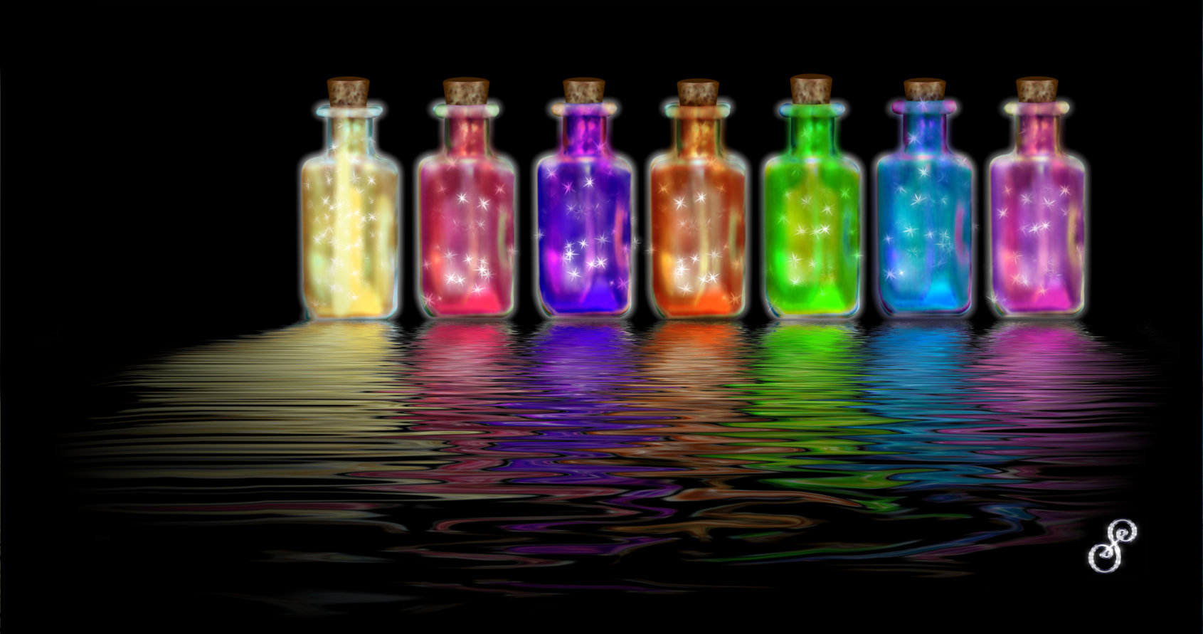 7 bottles each containing a different coloured sparkling magical energy form