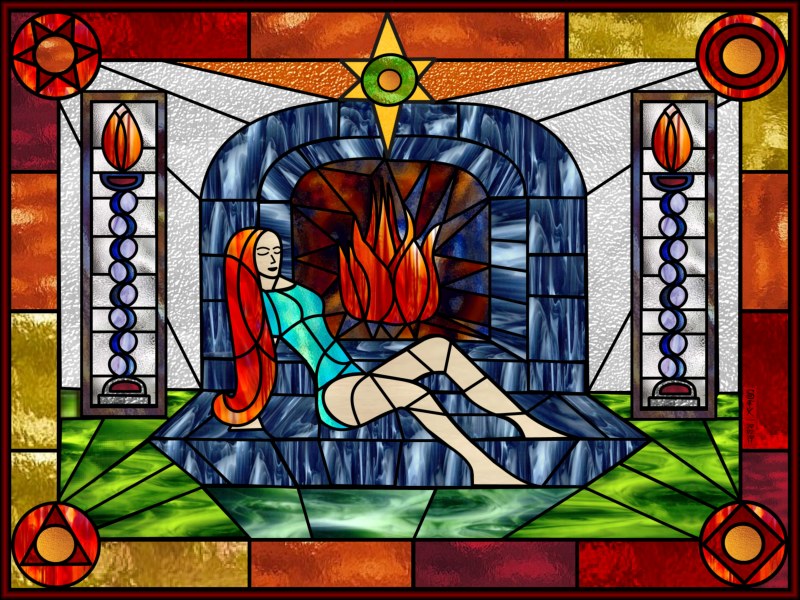 Isca by the fire - stained glass design by StarFields