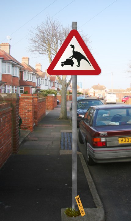Funny road sign caution dinosaur attacks on a British street