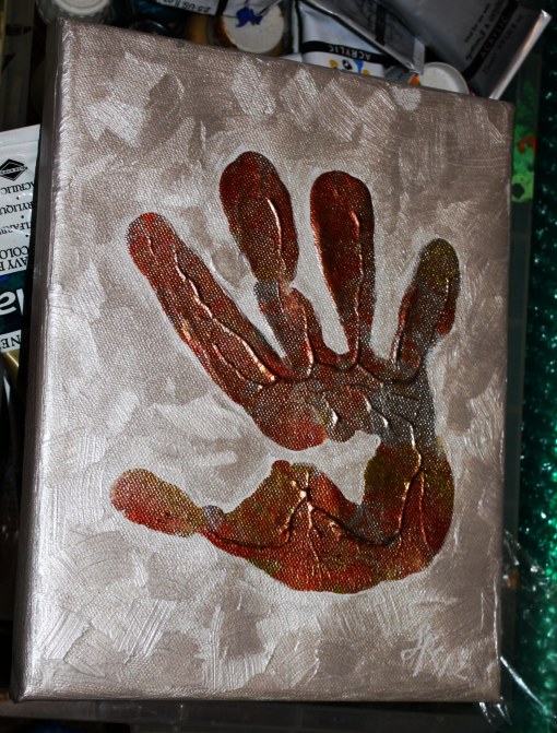 Hand print in the infinite dimensions - hands of power on opalescent background