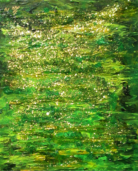 Green and gold abstract painting by Silvia Hartmann